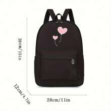 Women's Fashion Backpack, Black Nylon Casual Shoulder Bag With Pink Heart Balloon Print, Large Capacity Travel Bag, Lightweight, Zip Closure, Polyester Lining, Adjustable Straps, Hand Wash Care