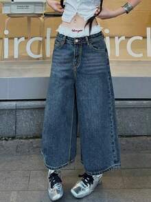 Y2K 街头风低腰斜插口袋水洗猫须阔腿牛仔裤七分裤 - 藍色 - 查看 1