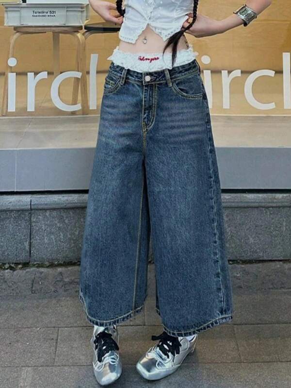 Y2K 街头风低腰斜插口袋水洗猫须阔腿牛仔裤七分裤