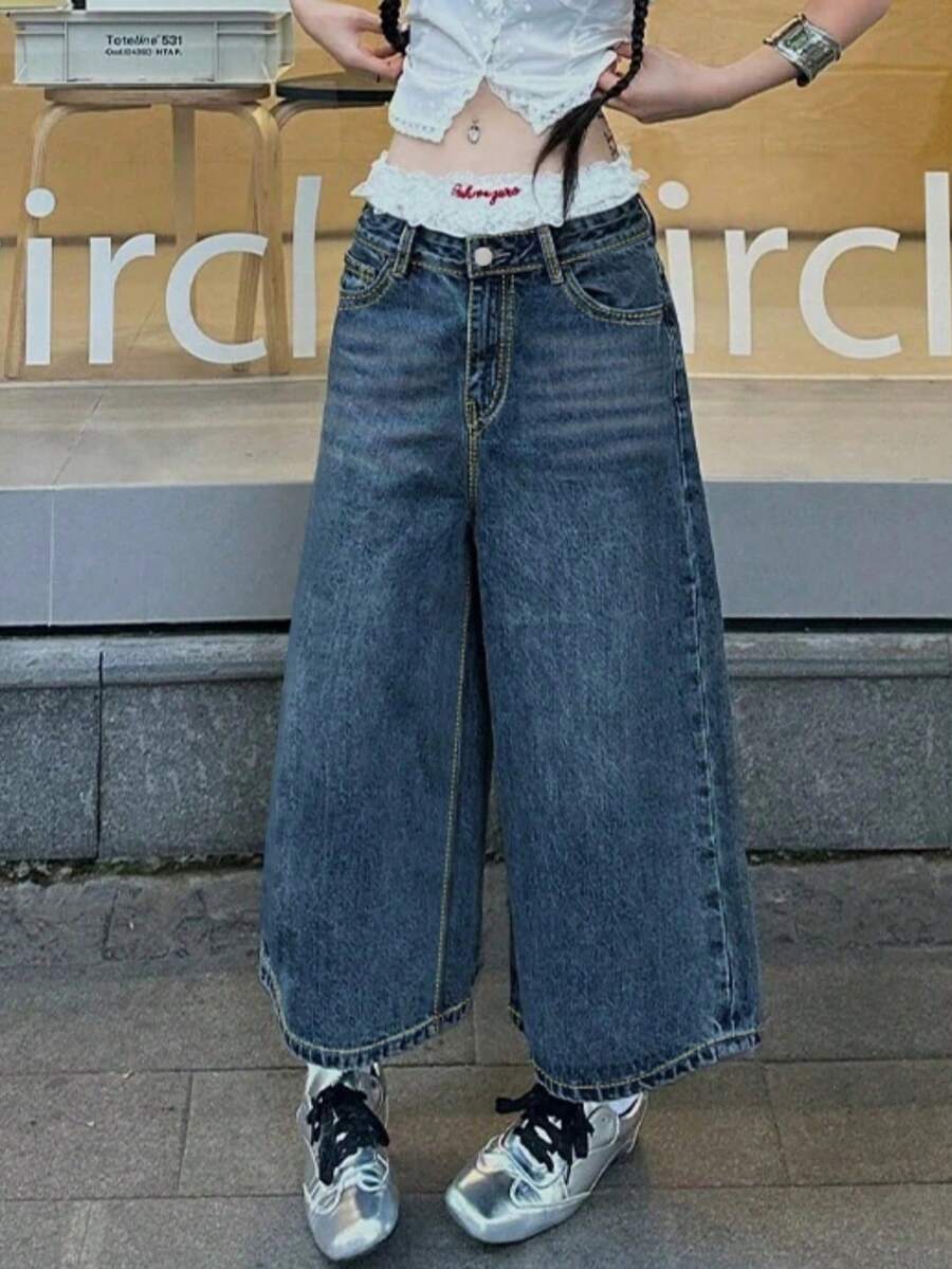 Y2K 街头风低腰斜插口袋水洗猫须阔腿牛仔裤七分裤 - 藍色 - 查看 1