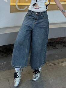 Y2K 街头风低腰斜插口袋水洗猫须阔腿牛仔裤七分裤 - 藍色 - 查看 3