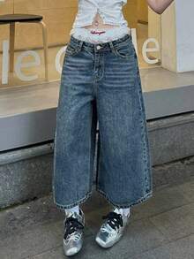 Y2K 街头风低腰斜插口袋水洗猫须阔腿牛仔裤七分裤 - 藍色 - 查看 4