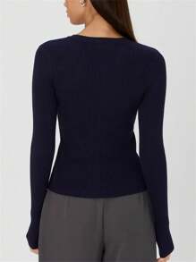 Women's Autumn Sweater Cardigan Solid Color Long Sleeve Round Neck Button Up Ribbed Knitwear - Deep Sky Blue - View 2