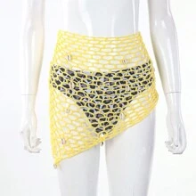 Women's Swimwear Triangle Wrap, Fishnet Solid Color Shells Swimsuit Skirt Bikini Cover-Up Shawl, Summer Beach Cover Up Holiday Streetwear Summer Fall Birthday Gifts - 黃色 - 查看 3