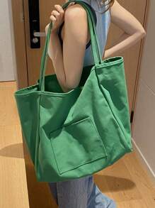 Classic Canvas Tote Bag, Large Capacity Fashionable Handbag, Multi-Functional Ins-Style Shopping Bag, Elegant And Stylish, Ideal For Christmas, Back To School, Backpack, Handbag, Canvas Bag, Back To School Essential. Lightweight, Portable, Foldable, Classic Casual, Suitable For Teenagers, Women, College Students, Perfect For Back To School, First Day Of School, Beach Trip. - Green - View 8