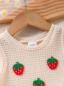 2pcs Young Girl Cute Strawberry Hollow Out Knitted Vest & Breathable Solid Color Shorts Set