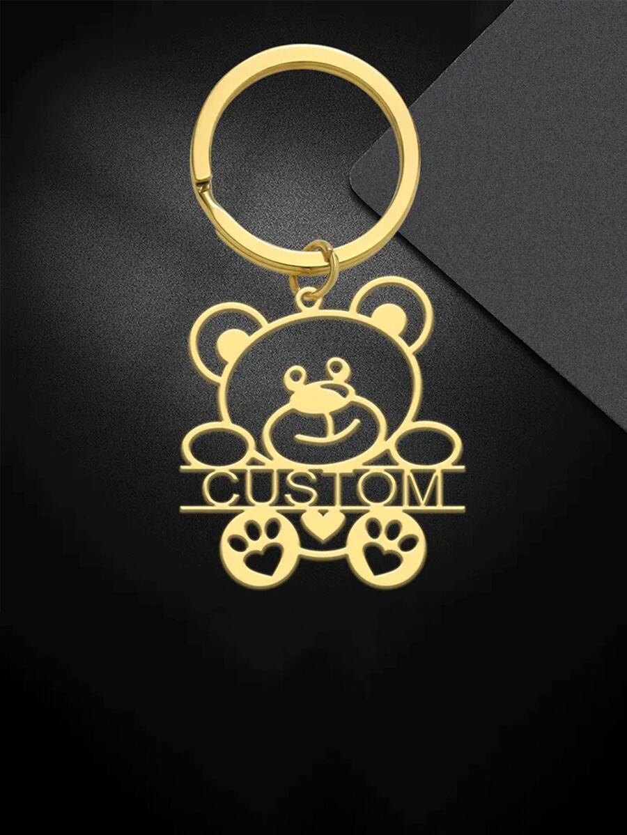 Personalized Stainless Steel Bear Keychain With Customized Name - Cartoon Animal Theme, Decorative Heart Design, Ideal Gift For Boy And Girl - Multicolor - View 1