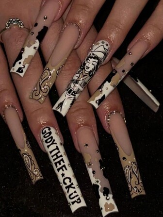 24Pcs Extra Long Coffin Shaped Western Cowboy French Letter Rhinestone Artificial Nail Tips Set, 1Pc Gel Polish + 1Pc Nail File, Suitable For Daily, Work, Dating Wear For Women Press On Nails Nail Supplies Nails