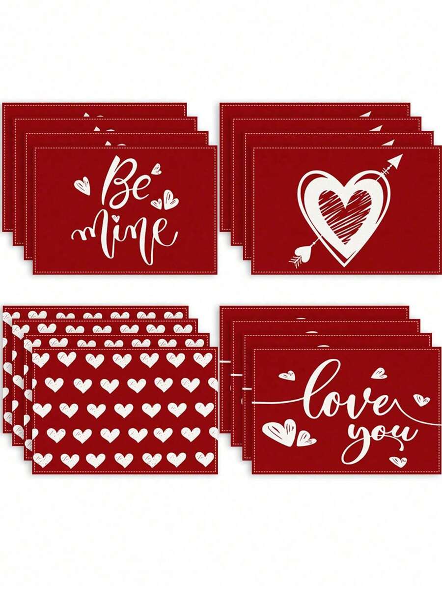 4 peças/conjunto de jogos americanos românticos para o Dia dos Namorados, jogos americanos de linho em forma de coração, bases para copos com letras impressas em cores sólidas, decoração de mesa para festa de fim de ano, resistente ao calor e lavável à máquina, adequado para aniversário de casamento e jantar