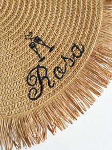 15-Inch Handwoven Straw Round Placemats With Tassel Fringe, Customizable Embroidery Design For Name And Blessing, Suitable For Family Dining, Weddings, Holidays, Parties, Washable And Heat-Insulating, Anti-Slip Table Mat