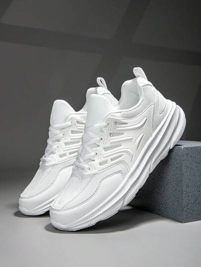 Men's Lace-Up Low-Top Sneakers, Comfortable, Lightweight, Breathable, Shock-Absorbing, Height Increasing, White Color Versatile Suitable For Running And Workout