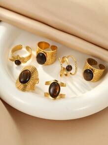 Set de 6 anillos de acero inoxidable de moda exagerados con piedras preciosas doradas y marrones, adecuado para decoración o regalos de mujeres