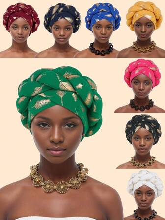 1 Piece Bronzing African Headtie Braid Turban Caps For Women Nigeria Wedding Geles Party Headgear Headpiece Auto Gele Female Head Wraps