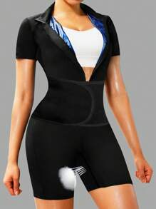 女士四合一桑拿汗蒸服，适合成人全身脂肪锻炼减肥塑身腰部训练器压缩短袖短裤连体衣，带拉链塞和可调节腰部修身腰带，女士户外跑步桑拿汗蒸服