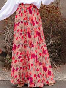 Women's Casual Beach Holiday Floral Printed Chiffon Opaque Lining, Elegant High-Waist Loose Fit Midi Skirt, Suitable For Spring And Summer Wear