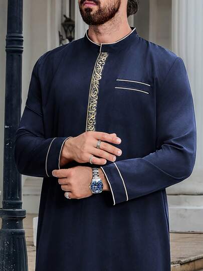 男士伊斯兰穆斯林阿拉伯立领不对称条纹经典简约优质涤纶面料长袍，适合所有季节