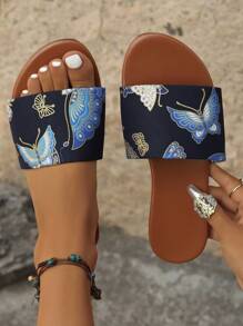 Black & Brown Flat Sandals, Casual Beach Flip Flops, Comfortable Shoes, Summer Ladies Flat Slippers - Navy Blue - View 5