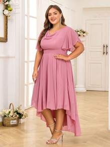 Plus Size Ruffle Sleeve Elegant Midi Dress Ladies Weddings Party Gown Swing Dress - hồng - Xem 4