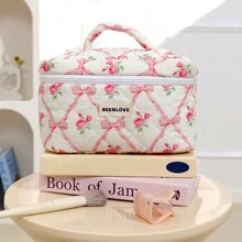 1 件可爱蝴蝶结绗缝化妆包，时尚便携女士拉链化妆包，多功能旅行化妆品收纳包，大容量、可爱设计化妆包，适合旅行、日常使用、居家、美容收纳