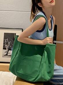 Classic Canvas Tote Bag, Large Capacity Fashionable Handbag, Multi-Functional Ins-Style Shopping Bag, Elegant And Stylish, Ideal For Christmas, Back To School, Backpack, Handbag, Canvas Bag, Back To School Essential. Lightweight, Portable, Foldable, Classic Casual, Suitable For Teenagers, Women, College Students, Perfect For Back To School, First Day Of School, Beach Trip. - Green - View 2