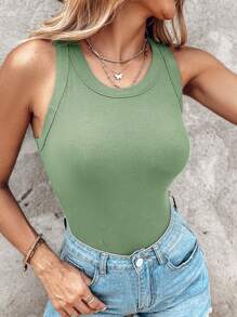 ChicMe Built-In Bra Sleeveless Ribbed Knit Fitted Crew Neck Basic Tank Top - Mint Green - View 7