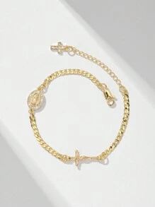 1pc Classic Zirconia Copper Chain Two-Tone Virgin Mary & Jesus Cross Charm Bracelet, Suitable Gift For Mother, Valentine, Couple, Sibling, Friend, Everyday & Festive Wearing & Praying