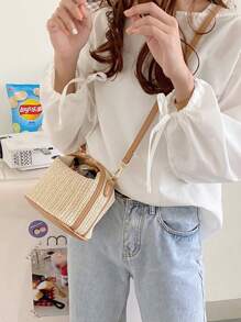Small Straw Fabric Crossbody Bag - Màu Khaki - Xem 5