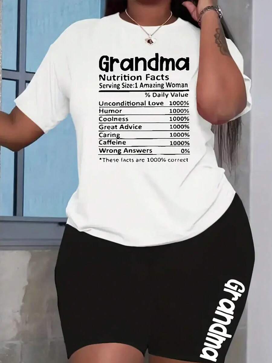 2 件大码休闲套装，女士艺术字母印花弹力短款 T 恤和短裤套装