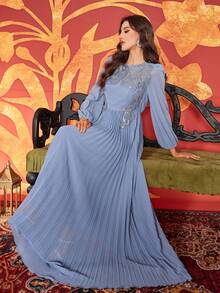 女式圆领百褶前花贴花优雅长袖连衣裙 - 藍色 - 查看 8