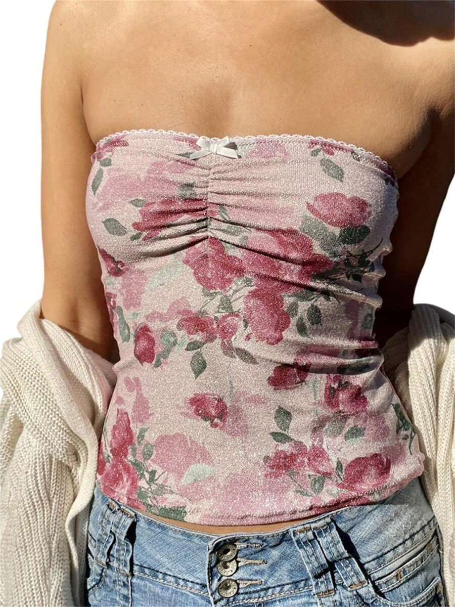 Women's Ruched Front Tube Tops Summer Strapless Floral Print Bandeau Tops Slim Fit Shirts