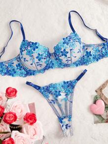 Floral Embroidered Mesh Sexy Lingerie Set For Women, Rave For Going Out, Cool Light Blue - Blue - View 2