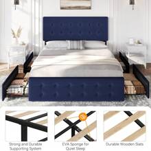 CuisinSmart Queen Size Bed Frame With Headboard,Linen Upholstered Platform Bed Frame With 4 Storage Drawers,Button Tufted Style,No Box Spring Needed - 藍色 - 查看 8