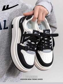 WARRIOR Women's 1 Pair Casual Skateboard Shoes, Lace-Up Design Thick Sole Low-Top Outdoor Flat Shoes For Spring And Summer, Comfortable And Stylish Classic Chunky Sneakers With Retro Details - Black - View 8