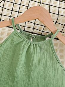 Young Girl Sleeveless Ruffle Hem Solid Color Leisure Suit, Summer - Green - View 3