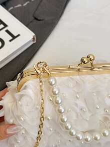 1件白色浪漫婚礼季2025春夏仿珍珠网纱花朵夹仿珍珠手提包女士高端奢华晚宴包，新娘包，婚礼派对，宴会，优雅仿珍珠包，精致花卉包，女士舞会包，蕾丝 - 白色 - 查看 8