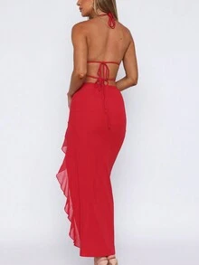 Vestido largo elegante y sexy de mujer con escote halter en V, abertura y volantes, para primavera, verano, vacaciones, fiesta, noche de gala y salida