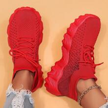 Women's Simple Plain Lace-Up Low Top Sock Sneakers, Summer 2024 Casual Comfortable Breathable Lightweight Sports Running Shoes - 酒紅色 - 查看 3