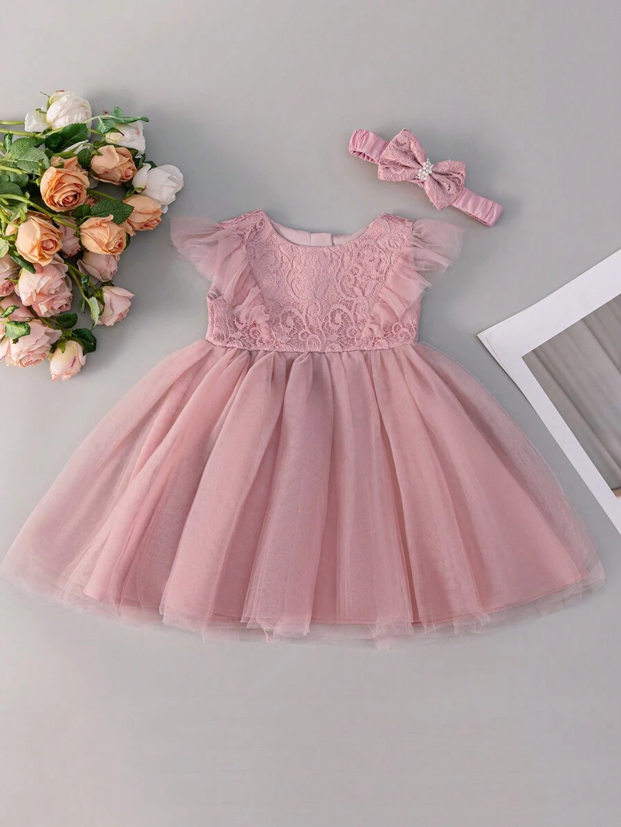 Baby Girl Elegant Pink Lace Contrast Mesh Party Dress, Suitable For 1 Month, 1 Year Old Birthday, Special Occasion - Dusty Pink - View 1