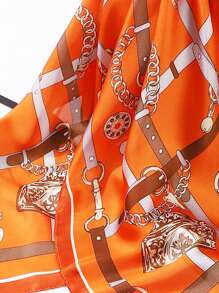 1 pièce Foulard carré en faux soie orange 70*70cm avec imprimé chaîne mode, nouveau foulard/bandeau/décoration de ceinture en style soie pour femmes, foulard professionnel pour robe - imprimé orange - Voir 5