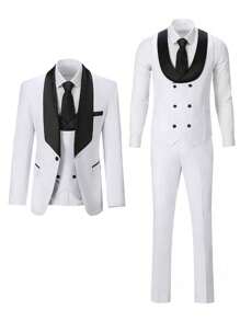 Furuyal 男士西装，绅士纯色修身三件套，包含西装外套、马甲和西裤，商务正式复古风格，白色，尺码 XS-3XL - 白色 - 查看 8