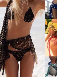 Women's Swimwear Triangle Wrap, Fishnet Solid Color Shells Swimsuit Skirt Bikini Cover-Up Shawl, Summer Beach Cover Up Holiday Streetwear Summer Fall Birthday Gifts - 黃色 - 查看 7