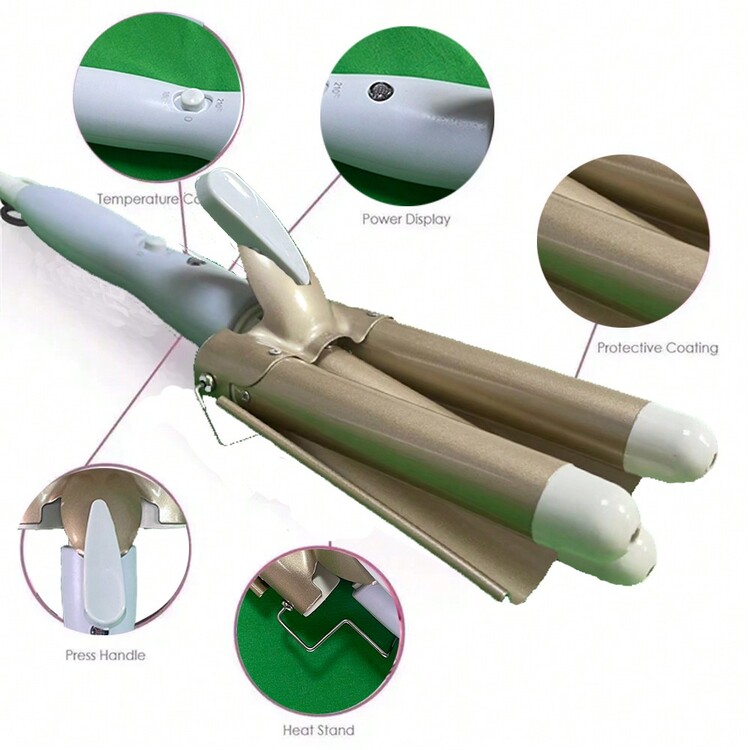 三筒卷发器，可调节温度的陶瓷卷发器，25 毫米卷发器，适合长发或短发，加热速度快，持久的海滩波浪，女性礼物，母亲节礼物 - 英規插(220-240V) - 查看 2