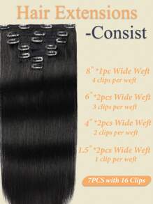 Set de 7 extensiones de cabello humano 100% brasileño Remy con clips, 70g, negro azabache, cabello liso, 16 clips, costura de doble capa - S1 - Ver 6