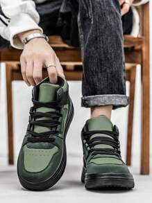 男士高帮橄榄绿皮革拼接厚底撞色复古休闲系带高帮运动鞋，百搭日常轻便舒适户外运动鞋 - 綠色 - 查看 4