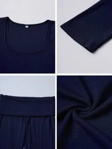 GAOVOT 女士两件套春夏 Y2K 修身性感纯色方领长袖上衣搭配微喇叭裤套装 健身休闲 - 藏蓝色 - 查看 11