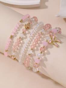 5 Pieces Girls Crystal Beaded Bracelet Set With Bow And Heart Designs - Multicolor - View 1