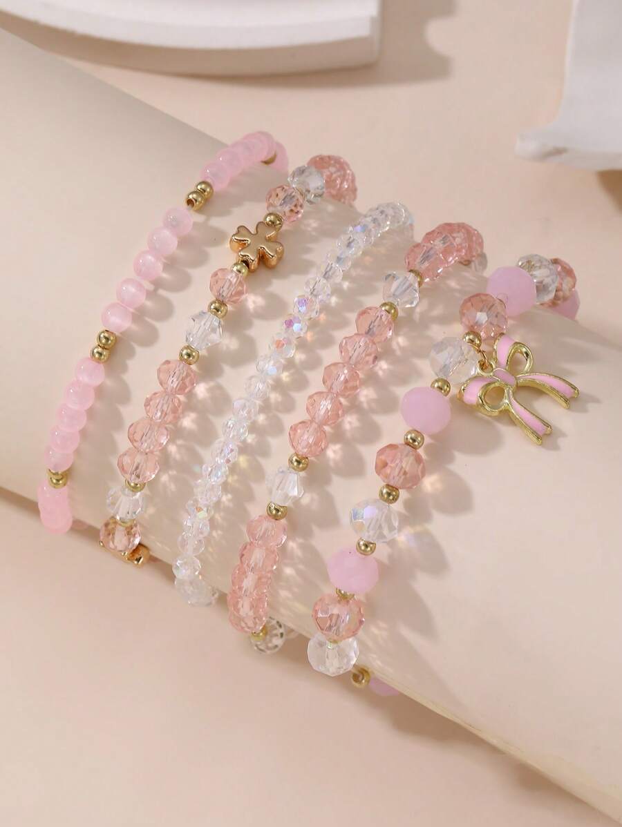5 Pieces Girls Crystal Beaded Bracelet Set With Bow And Heart Designs - Multicolor - View 1