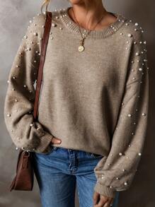 European & American Style Elegant Plus Size Women Pearl Embellished Knit Crew Neck Sweater, Autumn/Winter