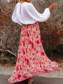 女士休闲海滩度假花卉印花雪纺不透明衬里，优雅高腰宽松中长裙，适合春夏季穿着