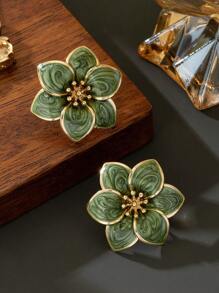 1 Pair Handmade Cute Floral Dangle Earrings, Green Layered Flower Design, Suitable For Dates And Vacations - Green - View 2